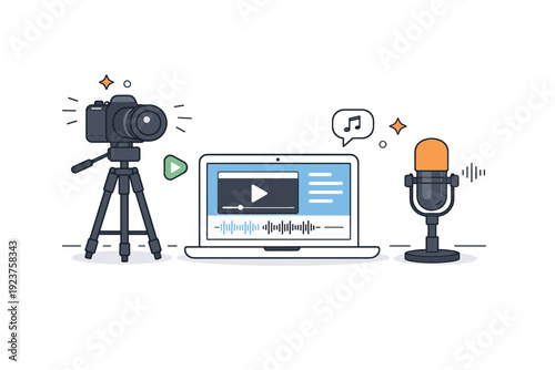 Video and audio creation setup. A tidy arrangement of a camera on a tripod, microphone, and laptop screen. The illustration conveys