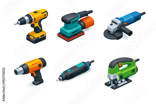 Power repair. Isometric flat vector icons set of Power repair: cordless drill, electric sander, angle grinder, heat gun, rotary tool, jigsaw.