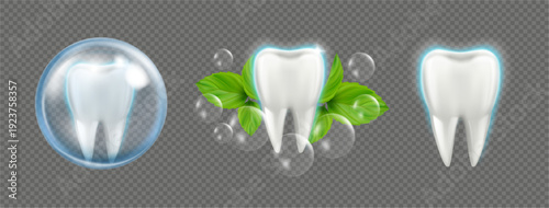 Tooth hygiene and cleanness, protection and oral health. Vector realistic whitening effect on teeth. Protected and fresh look, bubbles and mint. Prevention of plaque, treatment and care