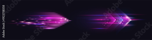 Shiny neon arrows with speed effect. Vector motion blur design elements with sparkles. Fast direction, futuristic navigation and progress symbols. Creative user interface highlights