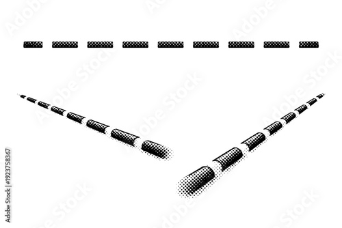 Dashed dotted border line A segmented dotted border line with rhythmic breaks shown in front view, side view, and three-quarter view as three object views.