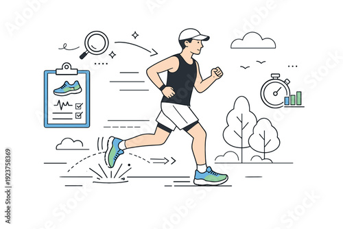 Running shoe testing outdoors illustration. Athlete running along a park path with motion lines showing stride and shoe impact, calm and focused atmosphere.
