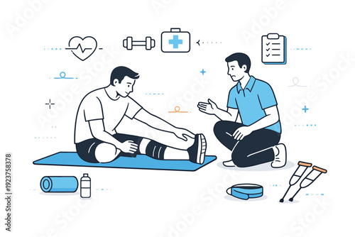 Return-to-training rehab session. Athlete performing gentle mobility exercises under supervision, careful movement and focused recovery, calm