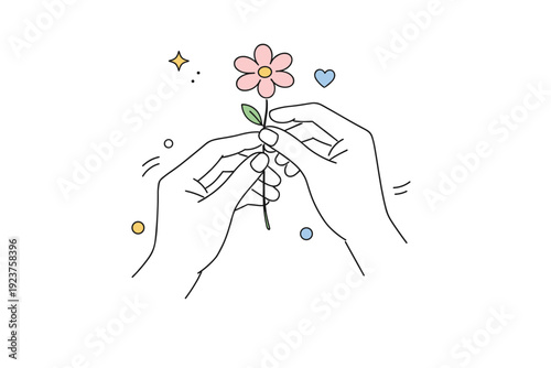 Hands holding spring flowers. Hands hold a single flower stem delicately between fingers, petals simple and open. Minimal gesture highlighting fragility and