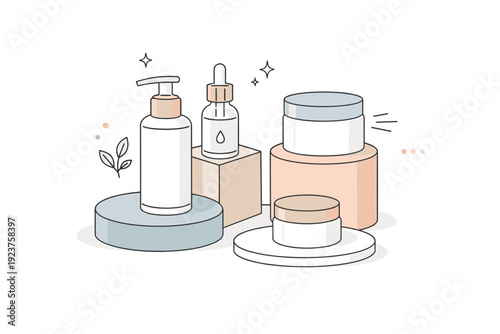 Beauty product presentation. Jars and pump bottles arranged at different heights using simple platforms and shapes. Premium mood, gentle