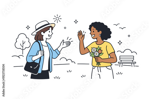 Women meeting outdoors with flowers. Two women greeting each other in a park, one holding a small bouquet. Light spring meeting, warmth and ease in an open-air