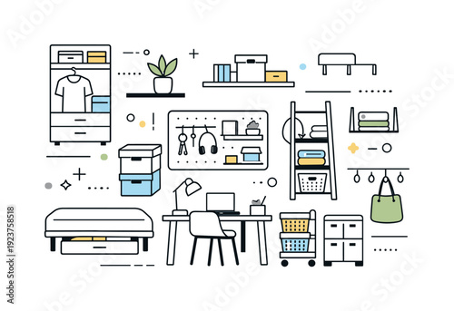 Modern home organization and storage solutions illustration with various furniture and decor