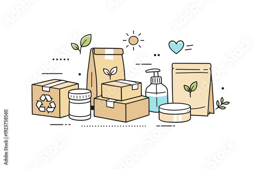 Eco packaging mockup. Sustainable packaging forms like recycled boxes and minimalist containers arranged in a clean editorial composition.