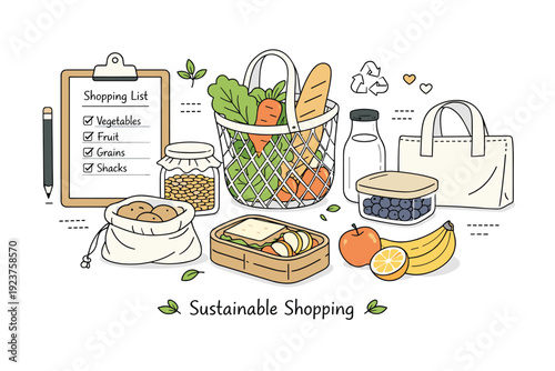 Sustainable grocery shopping visual. A calm scene showing shopping list, produce, and reusable packaging arranged neatly. Intentional planning, balance, and