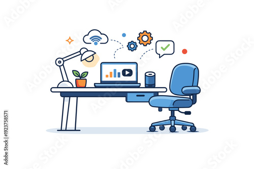 Smart office furniture symbolizing future work culture with a minimal workstation enhanced by subtle automation cues. A confident visual