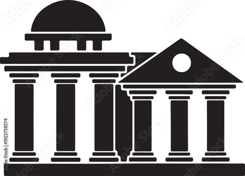 Neoclassical architectural illustration featuring columns and triangular pediment design for stock graphics and editorial use
