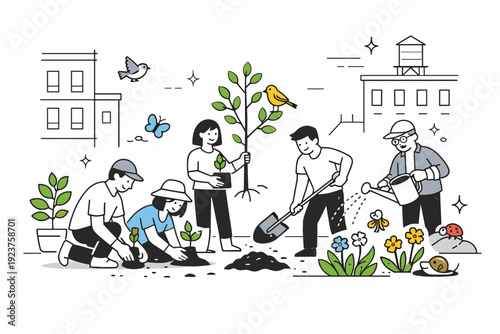 Urban biodiversity projects. People planting native trees and flowers in a city courtyard, small insects and birds appearing