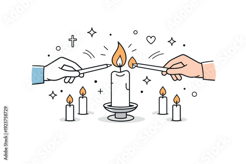 Candle blessing at church. Close-up of hands lighting candles from a central flame, abstract floating glow effects and stars