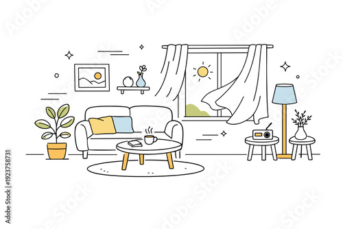 Slow living interiors with natural light ? Calm living room filled with soft daylight. Simple furniture, large window, light curtains moving