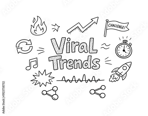 Viral Trends. Hand-drawn doodle illustration of Viral Trends. flame icon, trending arrow,