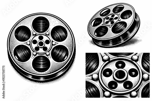 Film reel displayed as a mechanical movie reel form shown from top view, rotated angled view, and close-up hub view emphasizing structure.