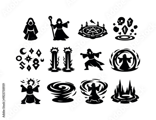 Arcane summoning ritual. Filled icon set of Arcane summoning ritual: robed mage, raised