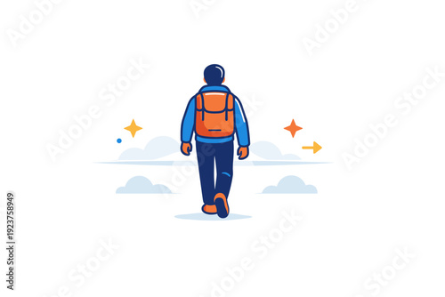 A person walking through a dense fog with courage and resolve visualized by a confident stride toward a subtle horizon line, conveying perseverance, focus, and
