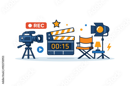 TV show recording scene compact studio with camera rolling icon and stage elements, conveying action, timing and creative energy of filming.