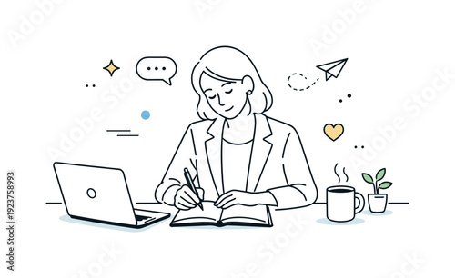 Work journaling for reflection. A professional writing thoughts in a notebook beside a laptop, quiet moment of self-reflection. Calm focus