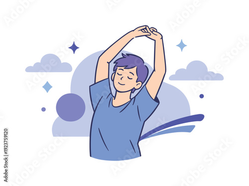 Slow start. Individual stretching arms overhead with eyes closed, soft clouds and minimal