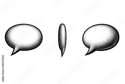 Comic halftone speech bubble A classic rounded comic speech bubble with tail shown in front view, side view, and three-quarter view as three isolated object