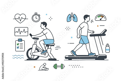 Warm-up and controlled drills in rehab. Athlete performing light cycling or treadmill movement, monitoring intensity and breathing, gentle