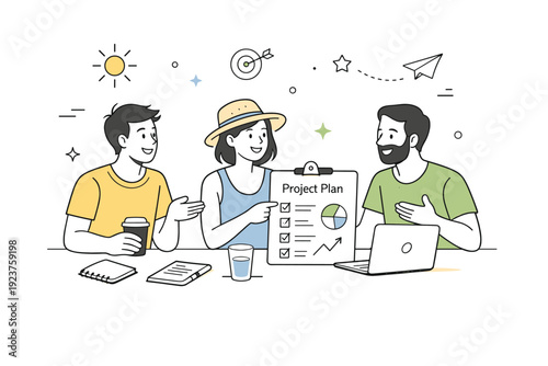 Summer productivity planning routines. A small team casually reviews a shared plan, gestures relaxed and expressions open. Collaborative