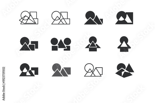 Printable coloring worksheet. Icon set. Set Logo of printable coloring worksheet: geometric shapes page. harmonious logo variations of the