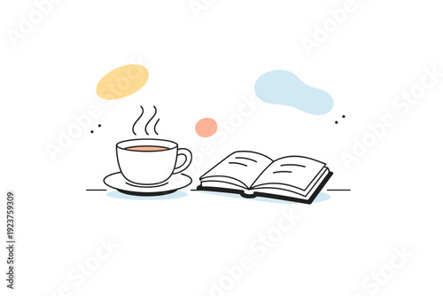 Slow living concept illustration. A minimal scene with a cup of tea, book, and soft abstract shapes floating around. Restful atmosphere,