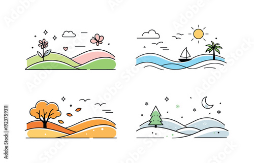 Four seasons landscape illustrations with simple line art and flat colors