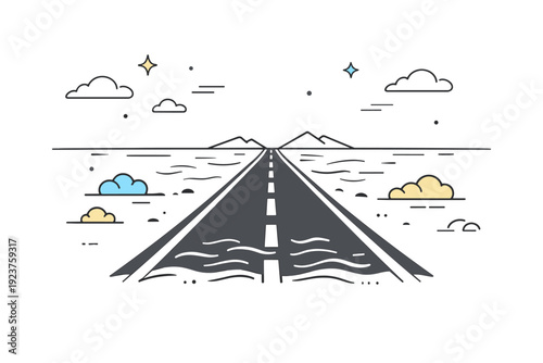 Heat shimmer visuals. Empty road stretching into the distance with soft rippling distortions near the surface, faint waves suggesting summer heat. Visual