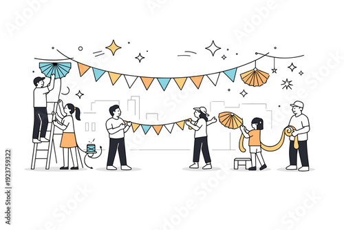 Community decorating day. People hang paper fans and ribbons across a city square, abstract floating stars and lines highlighting teamwork, tradition, and