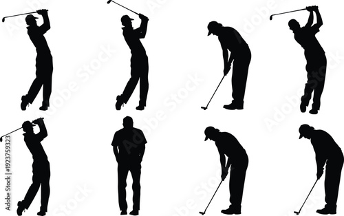 Golf player silhouettes set, featuring professional athletes performing swings, putting, and driving shots for sports training, club competition, and outdoor recreation,