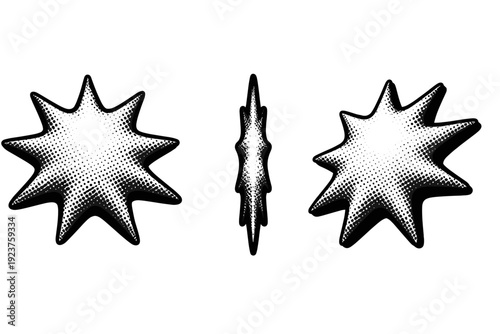 Pop art rounded starburst burst shape shown as a single object presented in three views: front view, side view, and three-quarter view. Black