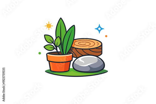 Biophilic design elements in home decor a clean and modern badge style illustration showing indoor plants paired with wood and stone shapes