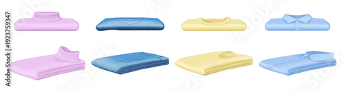 Fabric clothes or folded stacks of wears for sale. Vector pile or heap of fabric materials. Isolated pants and shirts, tshirts and polo neck sweaters. Front and side views. Shops and warehouses