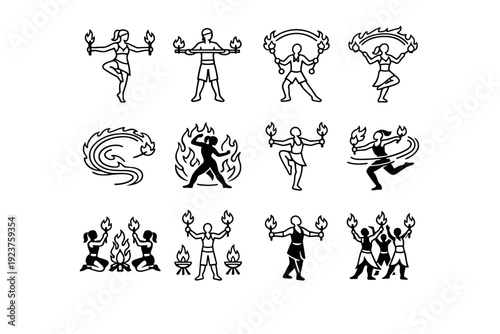 Fire Dancers. Line icon set of Fire Dancers: fire dancer pose, dancer with fire staff, fire spinning performer, flame arc movement, fire trail swirl, dancer