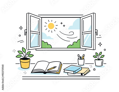 Open windows after winter. Sunlight enters through an open window above a desk with plants and notebooks nearby. Sense of fresh start and