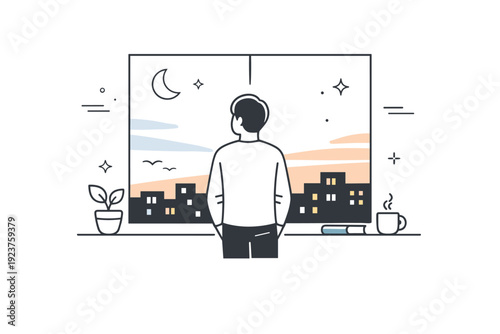 Evening Reflection. Evening silence at home. Person standing by a window, looking out at the darkening sky with city lights beginning to glow. Quiet reflection