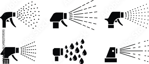 Spray Nozzle Silhouette Icon Set Featuring Multiple Spray Patterns Including Mist, Droplets, and Lines for Cleaning, Gardening, and Industrial Design