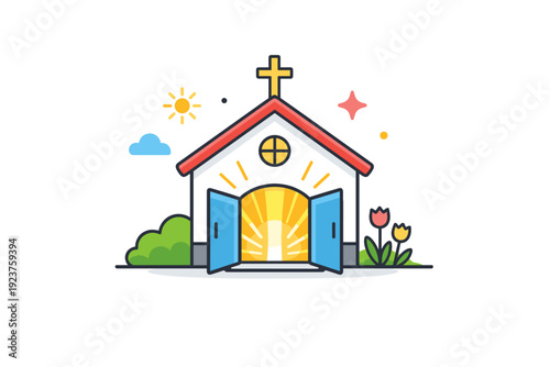 Spring church celebration calm spiritual moment featuring a simple church facade with an open door and light radiating outward, symbolizing welcome, hope, and