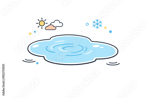 Puddles after melting snow as close-up detail. A single puddle framed large, with simple ripples and reflected light. Minimal observation of