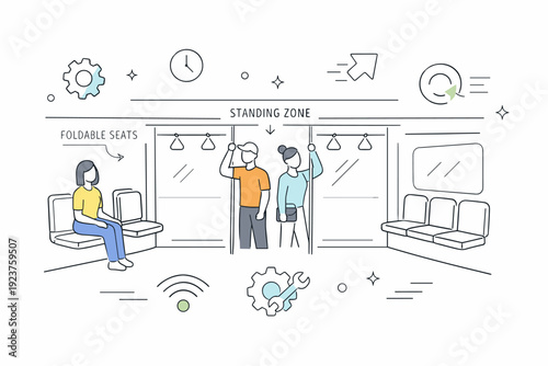 Modular Transit Design. Flexible interior layout. A modular transit layout with foldable seats and standing zones, subtle motion and gear icons floating,