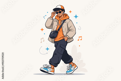 Urban street style centered on a confident figure wearing modern layered clothing with bold accessories, expressing individuality, movement, and city energy.