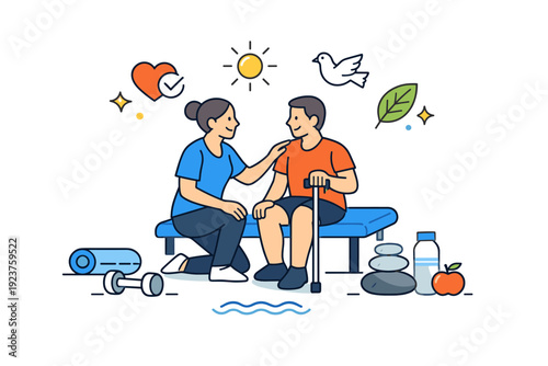 Rehabilitation therapy friendly patient and therapist interaction surrounded by calm symbols and minimal equipment, representing support, trust, and