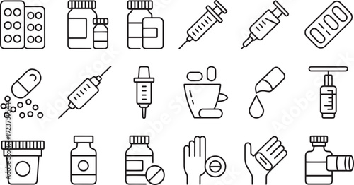 Set of various medical laboratory equipment and glassware icons isolated on transparent background