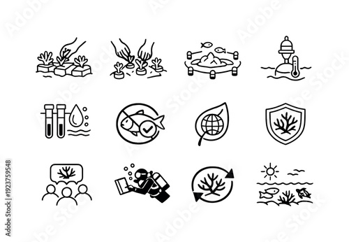 Coral Reef Conservation. Line outline icon set of Coral Reef Conservation: reef restoration,