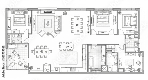 Detailed architectural floor plan showcasing interior design and room layouts for a modern residence.