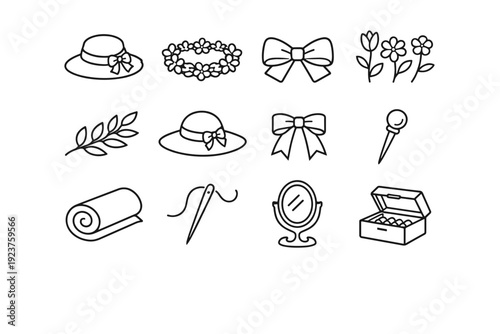 Spring hat fashion. Line icon set of Spring hat fashion: straw hat, floral crown, pastel bow, garden flowers, leaf branch, sun hat, ribbon tails, decorative